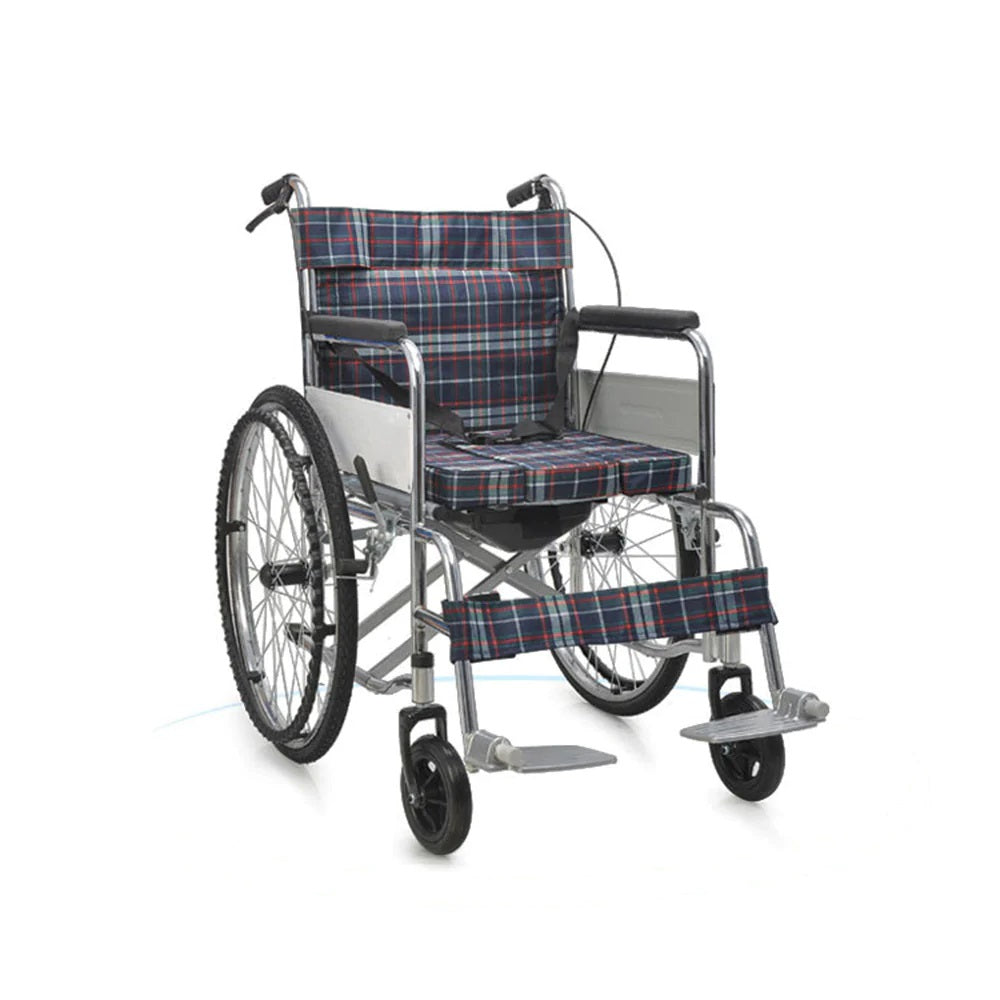 XT-T007 Manual Wheel chair with toilet convenient, checkered cloth-front view