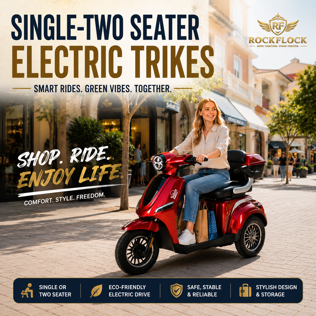 Eco-Friendly Single & Two Seater Mobility Electric Trikes in UAE by RockFlock for Smart Rides