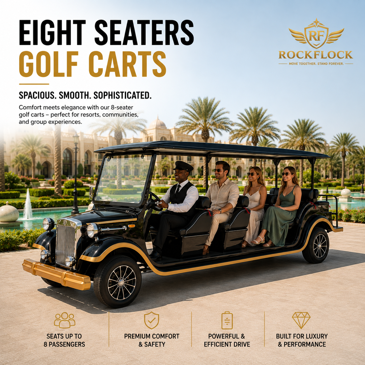 Premium 8 Seater Electric Golf Carts for Commercial & Leisure Transport in UAE by RockFlock