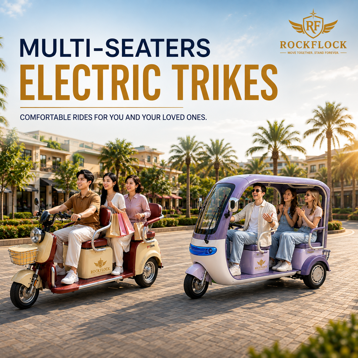 Tri-Wheel Multi-Seaters without roof and Roof equipped E-Bikes in UAE by RockFlock for Family rides