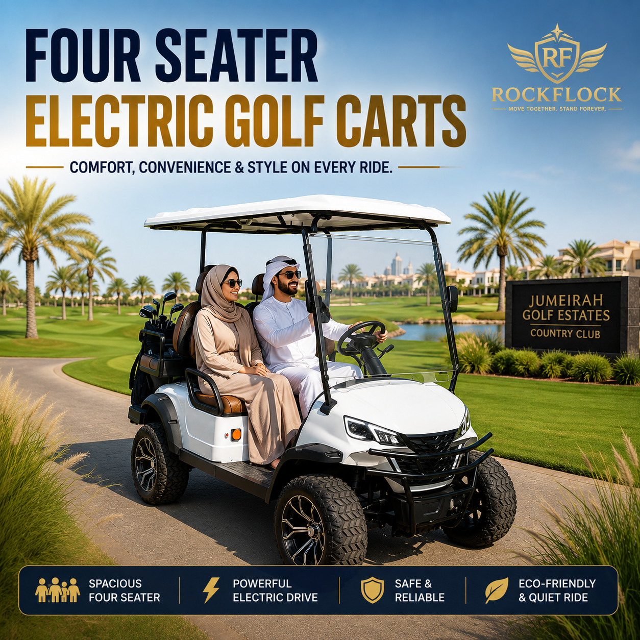 Four Seater Electric Club Car Golf Carts in UAE by RockFlock for Clubs Resorts Hotels & Gated Communities