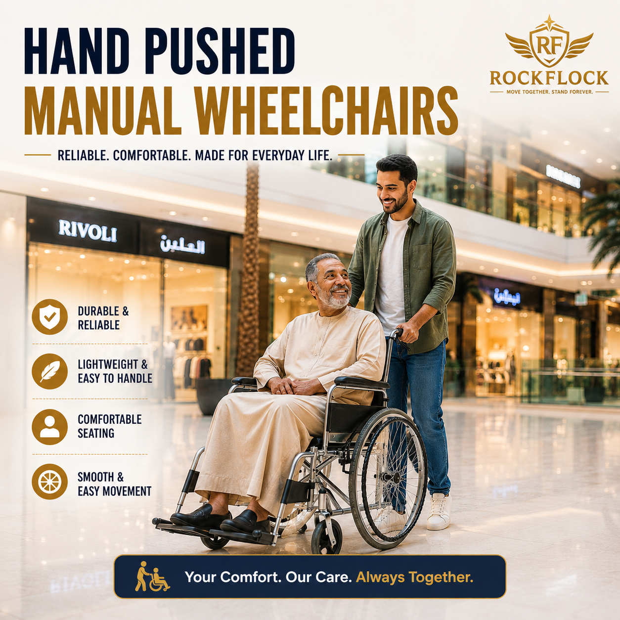 Foldable and Multi functional hand pushed manual wheelchairs in UAE by RockFlock 