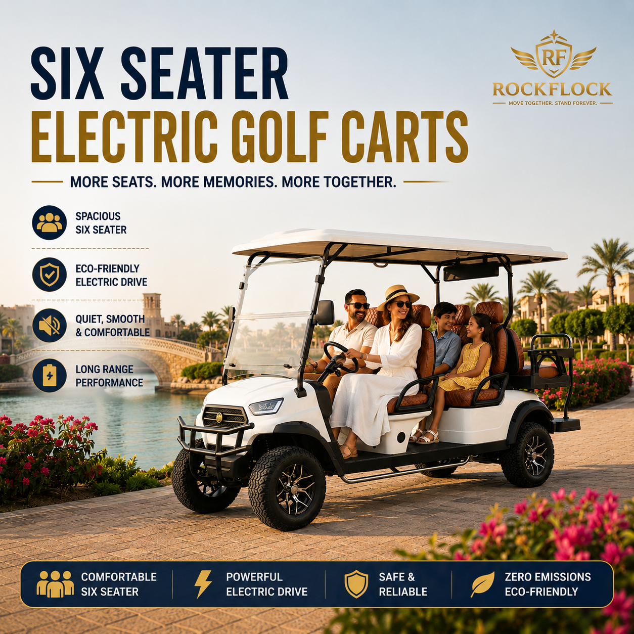 Six Seater Electric Golf Carts in UAE by RockFlock for comfortable group transportation