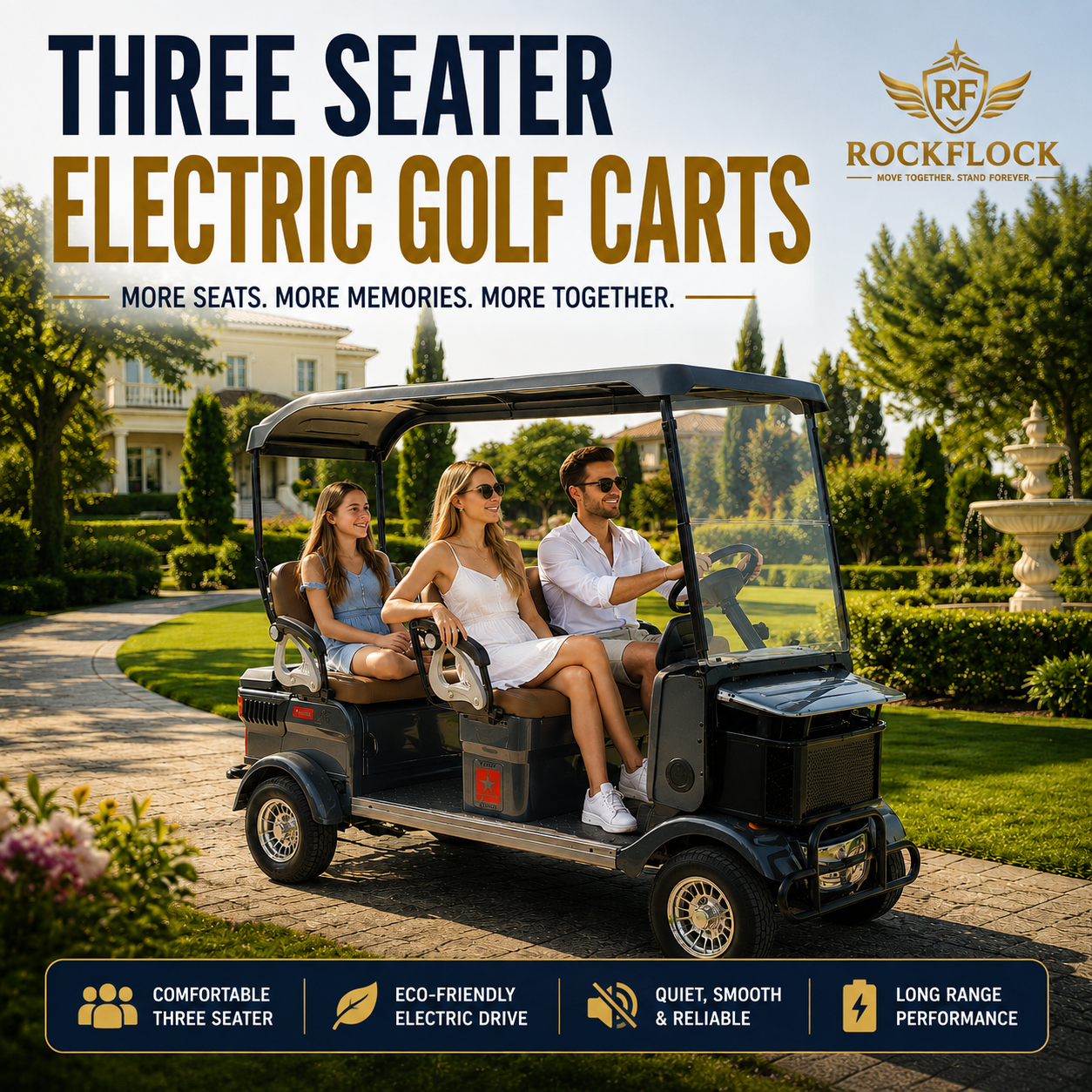 Premium Three Seater Electric Golf Carts in UAE by RockFlock for Hotels, Resorts and Communities