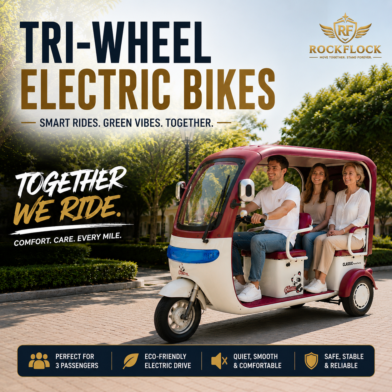 Eco Friendly Tri-Wheel Electric Bikes in UAE by RockFlock for Family rides