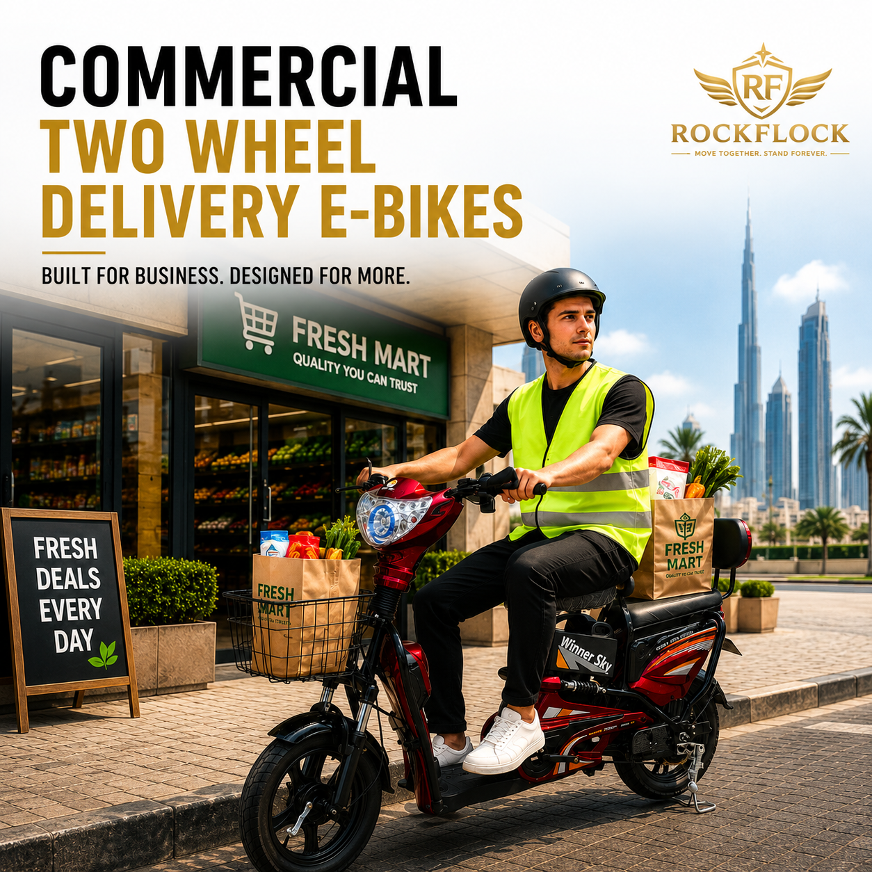 Commerical Two Wheel Electric Delivery Bikes in UAE by RockFlock for Grocery Restaurants cafe and Laundry Deliveries