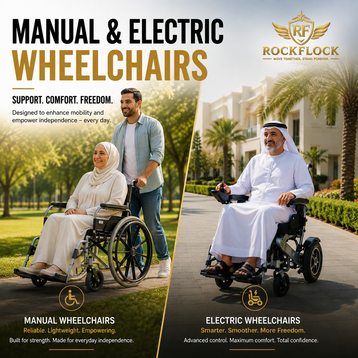 Manual and Electric Wheelchairs in UAE by RockFlock for everyday mobility
