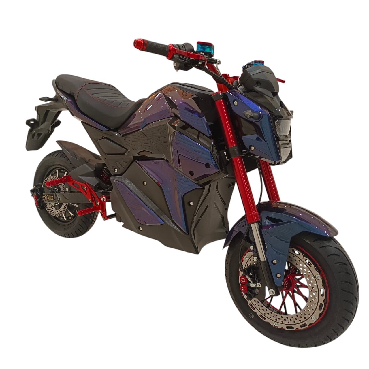 Complete angled view of A-2 Two Seater On-Road Electric Motorcycle in purple.
