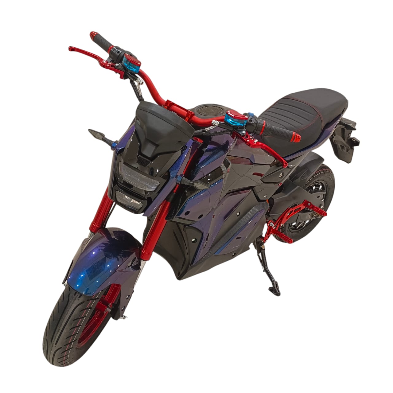 Front angle of A-2 Two Seater Electric Motorcycle with LED lighting.