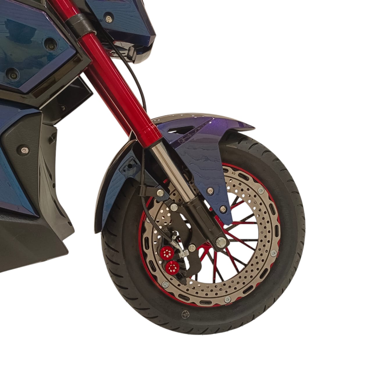 Premium front suspension and alloy wheel of A-2 Electric Motorcycle.