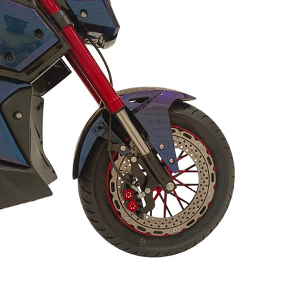 Premium front suspension and alloy wheel of A-2 Electric Motorcycle.