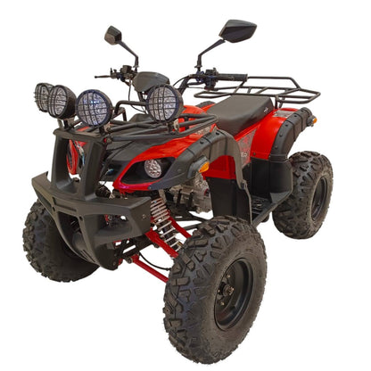 Red Four Stroke 250cc ATV front three-quarter view with LED auxiliary lights