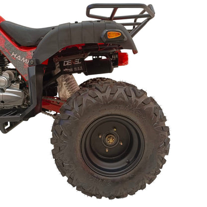 Close-up of rear wheel, suspension and cargo rack of Four Stroke 250cc ATV
