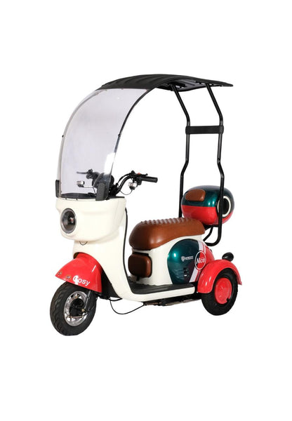 V1 Tri-Wheel Two Seater E-Bike with Roof front three-quarter view featuring weather canopy, windshield and two-seat design.