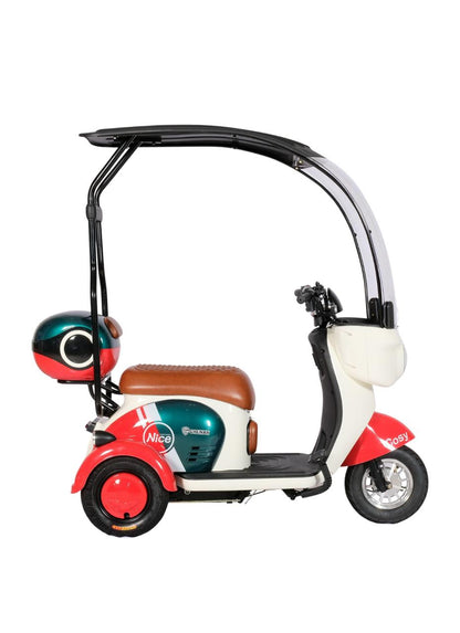 Side profile of V1 Tri-Wheel Two Seater E-Bike with Roof showing protective roof, rear wheels and comfortable seating.