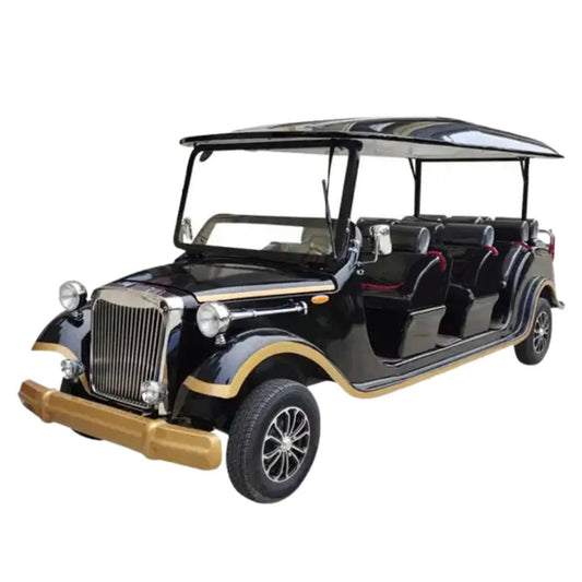Classic Vintage Crusader 8 Seater Electric Golf Cart black color front three-quarter view for luxury resorts and hotels in UAE