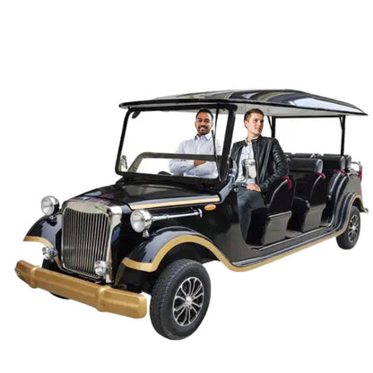 Classic Vintage Crusader 8 Seater Golf Cart carrying passengers at a luxury resort electric shuttle vehicle UAE