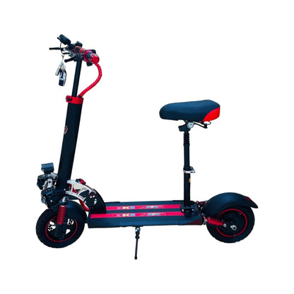 Red E10-T13 Pro electric scooter with adjustable seat side view