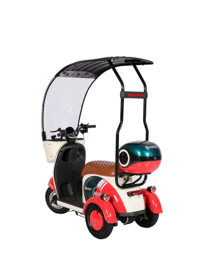 Rear three-quarter view of V1 Tri-Wheel Two Seater E-Bike with Roof highlighting roof frame, rear lights and storage area.