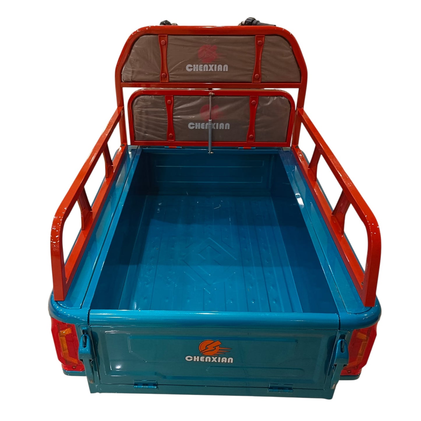 Large 1.1 meter rear cargo box of compact electric cargo tricycle providing high-capacity storage for warehouse, retail and delivery businesses