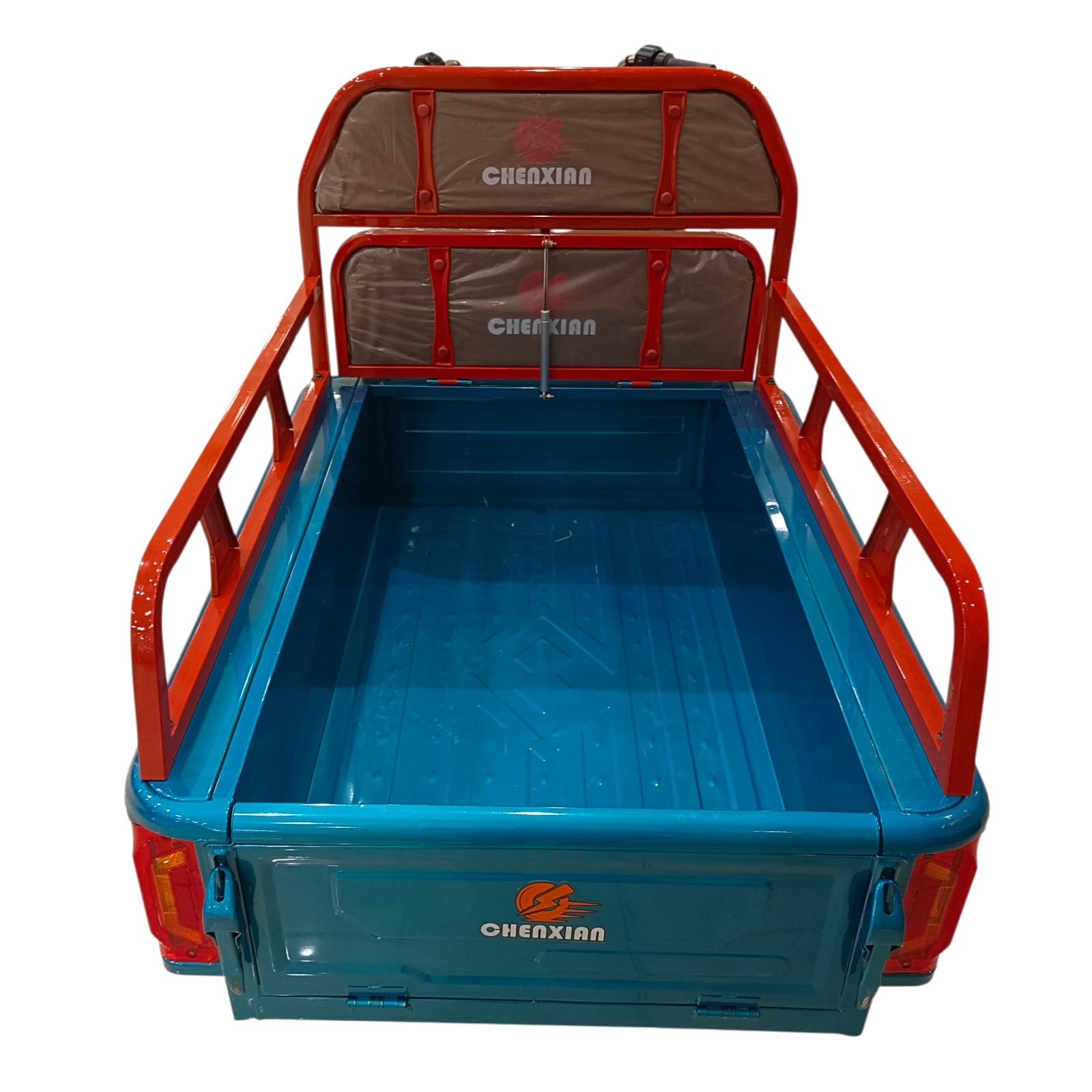 Large 1.1 meter rear cargo box of compact electric cargo tricycle providing high-capacity storage for warehouse, retail and delivery businesses
