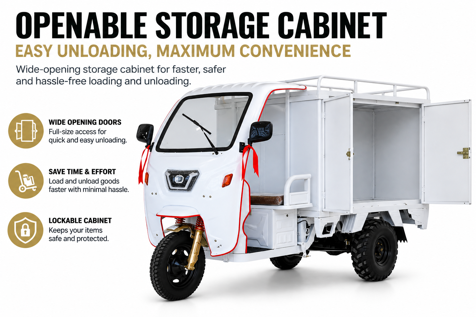 CD-1 Commercial Electric Cargo Delivery Trike with openable lockable rear storage cabinet for easy unloading