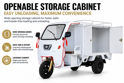 CD-1 Commercial Electric Cargo Delivery Trike with openable lockable rear storage cabinet for easy unloading