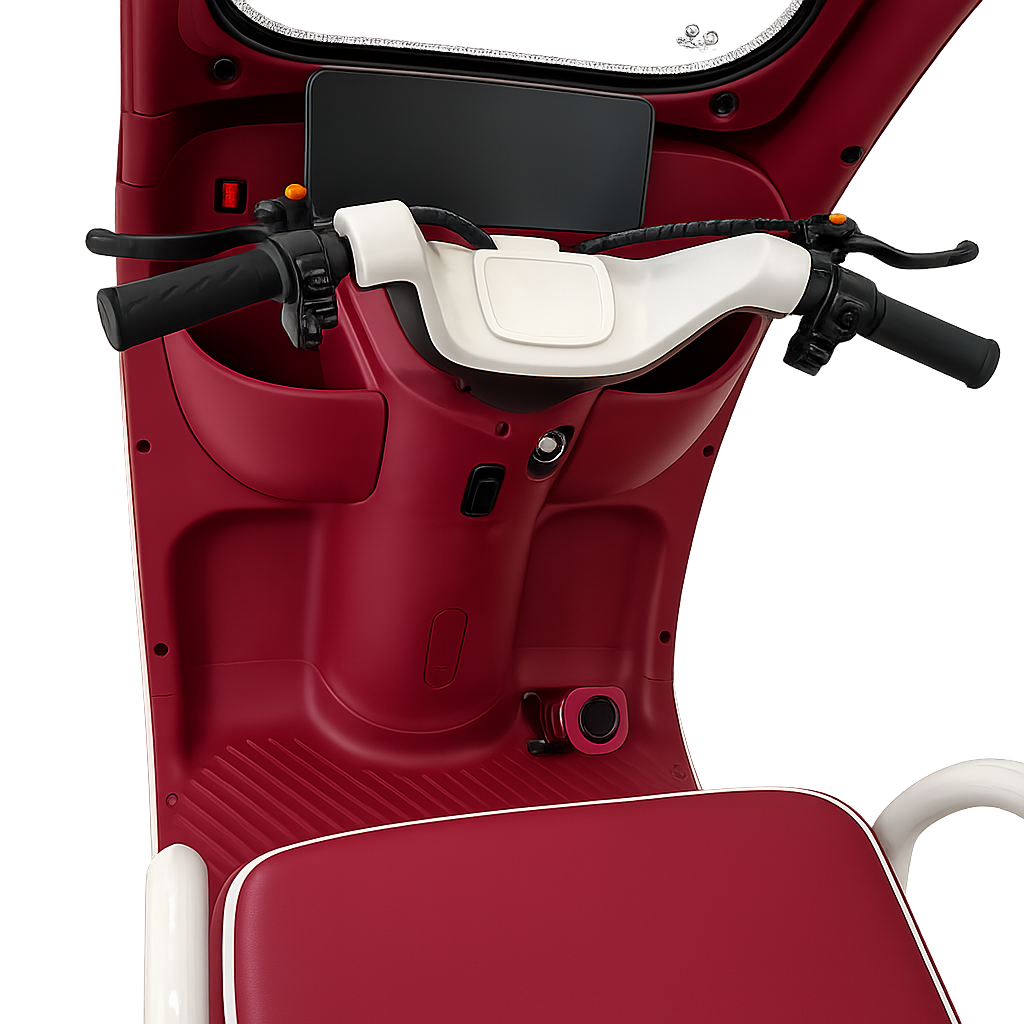 Handlebar controls and driver cockpit of F7D Tri-Wheel Multi Seater E-Bike with Roof & Rear Luggage Basket