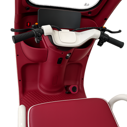 Handlebar controls and driver cockpit of F7D Tri-Wheel Multi Seater E-Bike with Roof & Rear Luggage Basket