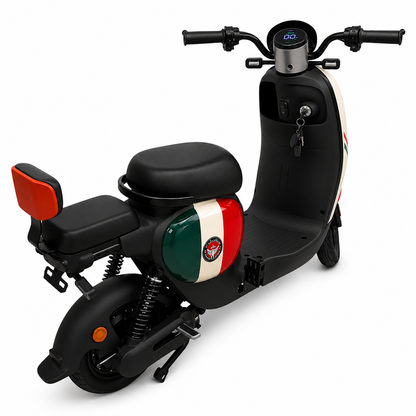 Rear three-quarter view of D-01 Retro Style Dual Seater E-Bike showing digital display and comfortable passenger seating