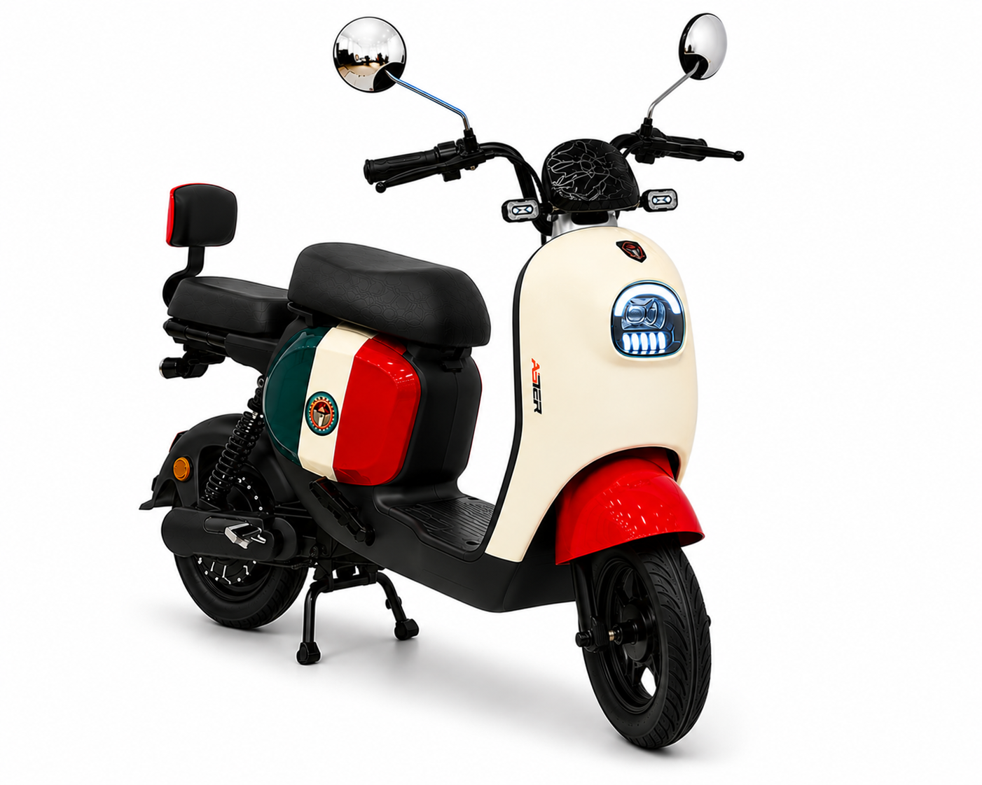 Front three-quarter view of D-01 Retro Style Dual Seater E-Bike with LED headlight and 14-inch tubeless tires