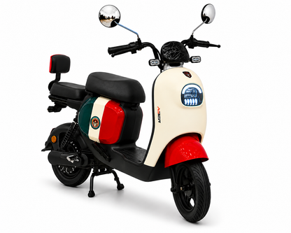 Front three-quarter view of D-01 Retro Style Dual Seater E-Bike with LED headlight and 14-inch tubeless tires