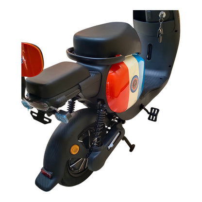 D-01 retro e-bike rear three-quarter view with dual suspension and passenger seat