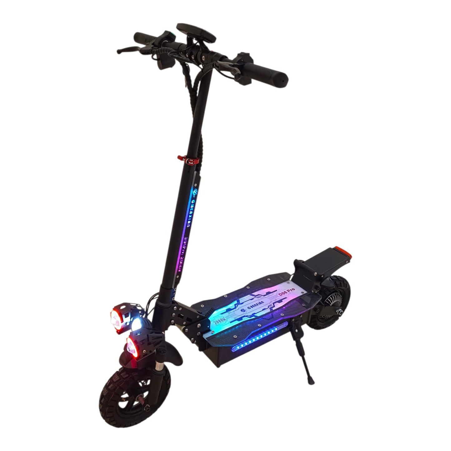 D06 Pro 2000W E-Scooter Front Angle View with lights switched on