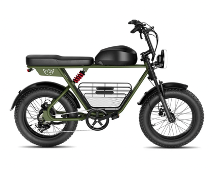 Windhorse D5 electric bike side profile in green featuring alloy frame, fat tires and rear suspension