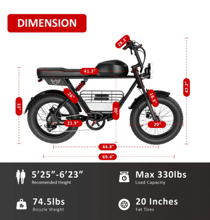 Windhorse D5 electric bike dimensions, rider height recommendation, load capacity and 20-inch fat tire illustration.