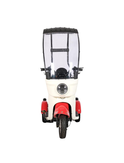 Front view of V1 Tri-Wheel Two Seater E-Bike with Roof with panoramic windshield, LED headlight and stable three-wheel design.