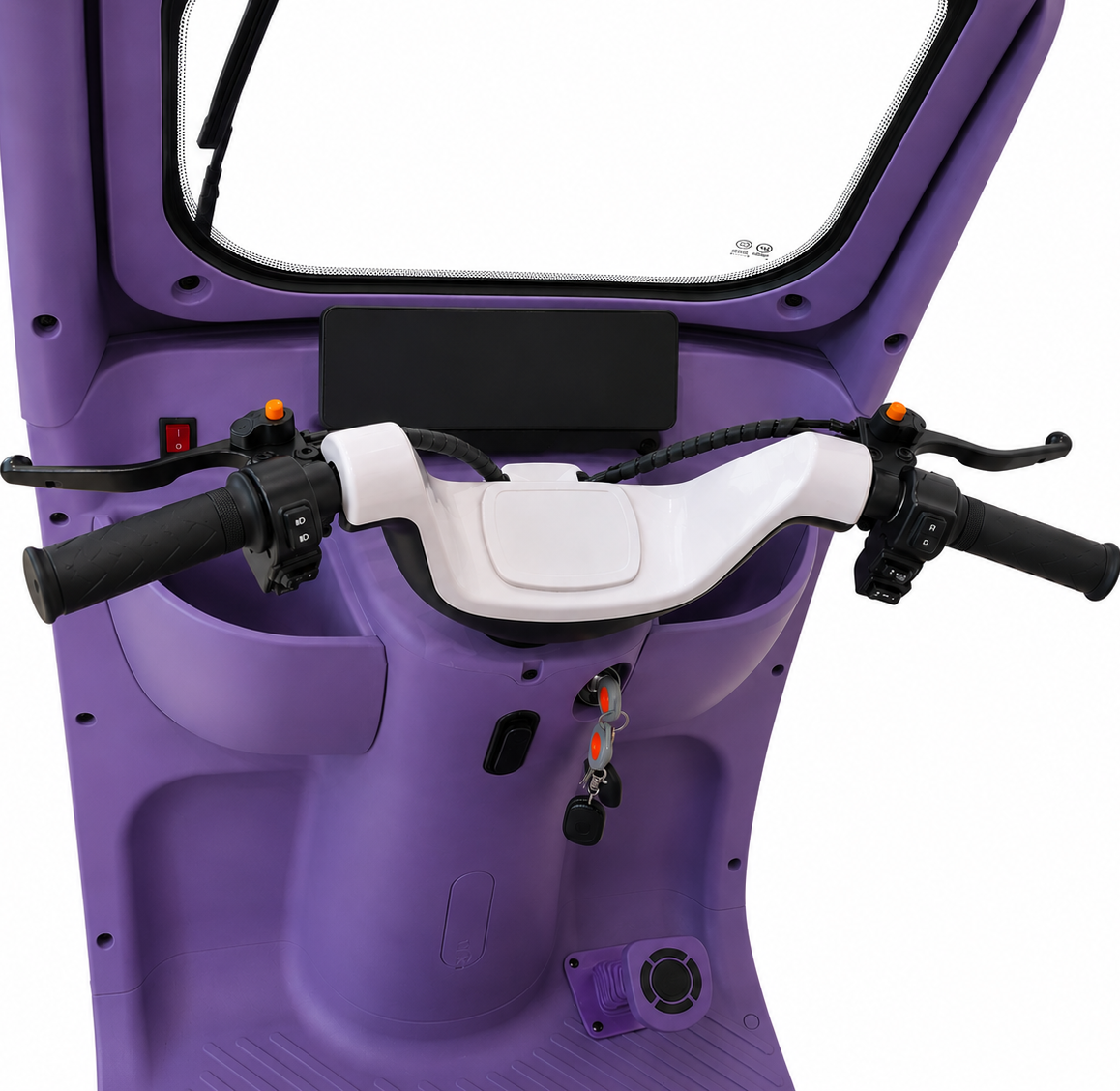 Dashboard, handlebar controls and driver area of Purple F7D Tri-Wheel Multi Seater E-Bike with Roof & Rear Luggage Basket