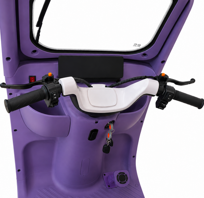 Dashboard, handlebar controls and driver area of Purple F7D Tri-Wheel Multi Seater E-Bike with Roof & Rear Luggage Basket