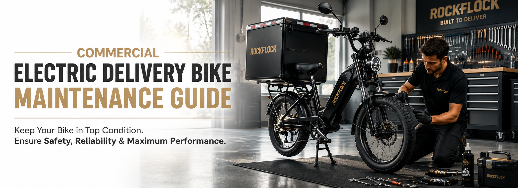 Commercial Electric Delivery Bike Maintenance Guide banner showing professional servicing of a cargo e-bike in the RockFlock workshop