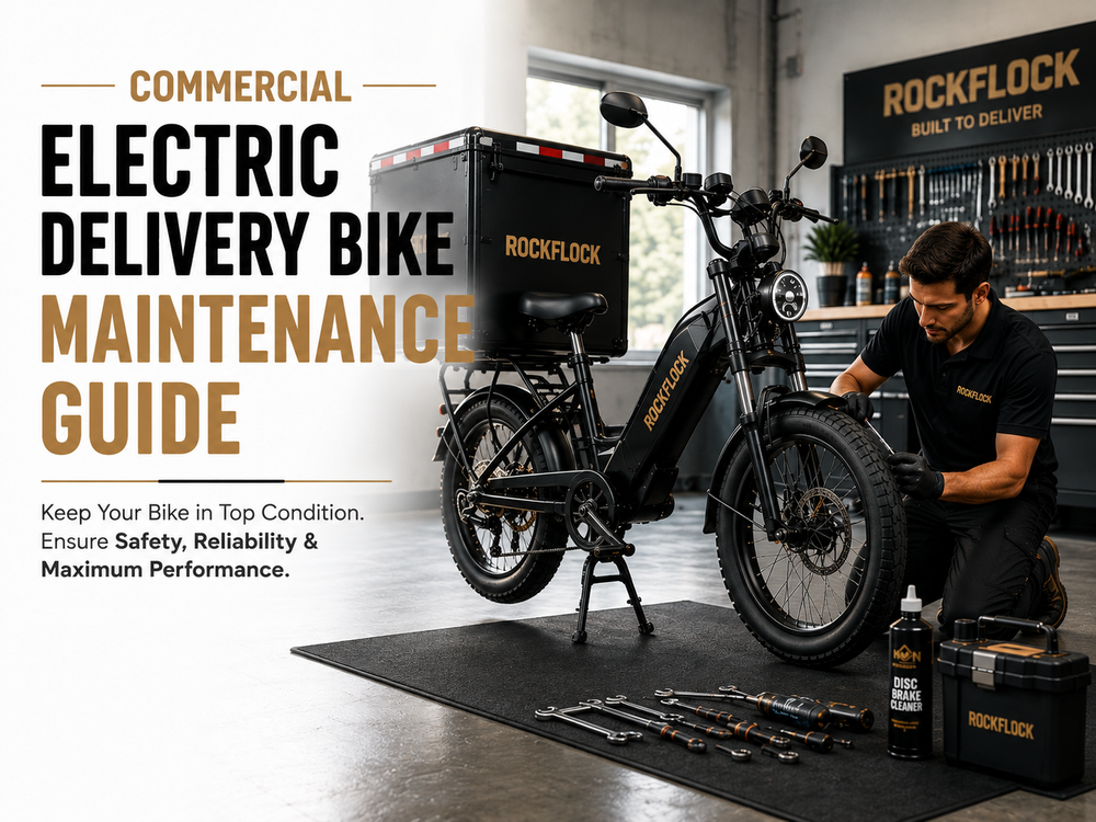 Commercial Electric Delivery Bike Maintenance Guide card featuring professional cargo e-bike maintenance