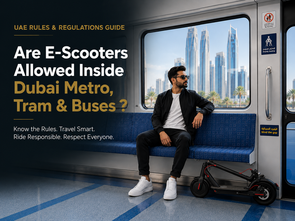 Are E-Scooters Allowed Inside Dubai Metro, Tram & Buses? RockFlock UAE rules and regulations guide card.
