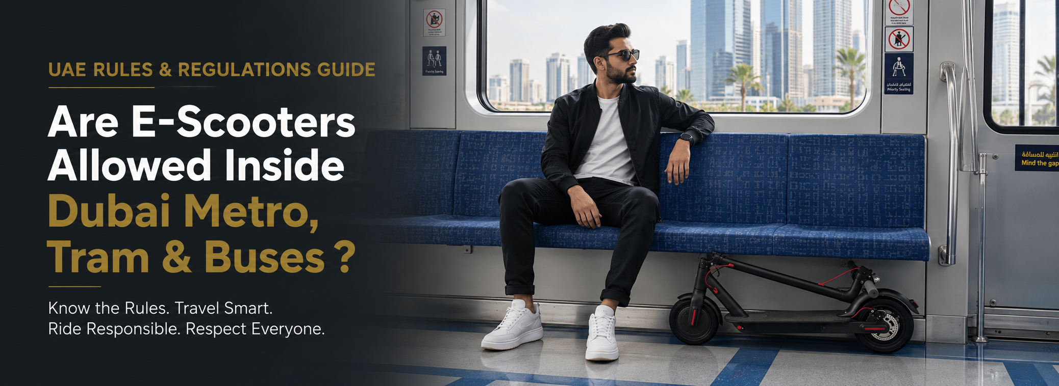 Are E-Scooters Allowed Inside Dubai Metro, Tram & Buses? RockFlock UAE rules and regulations guide banner