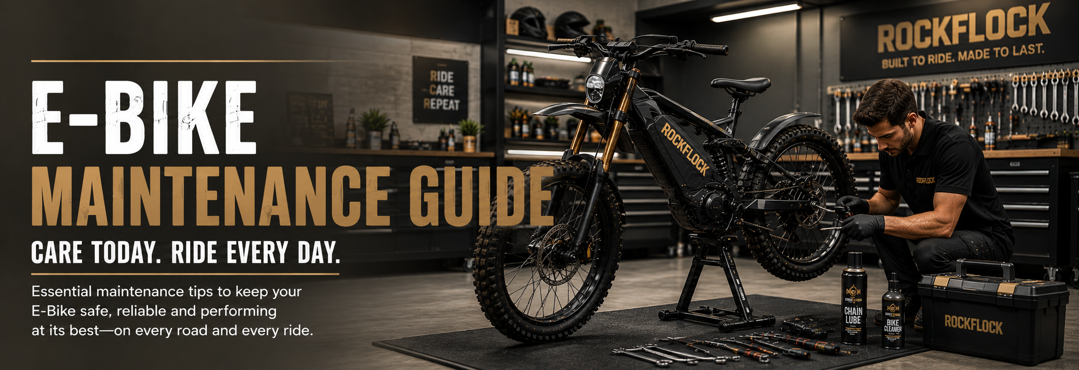 E-Bike Maintenance Guide banner featuring professional servicing of a dirt electric bike in the RockFlock workshop