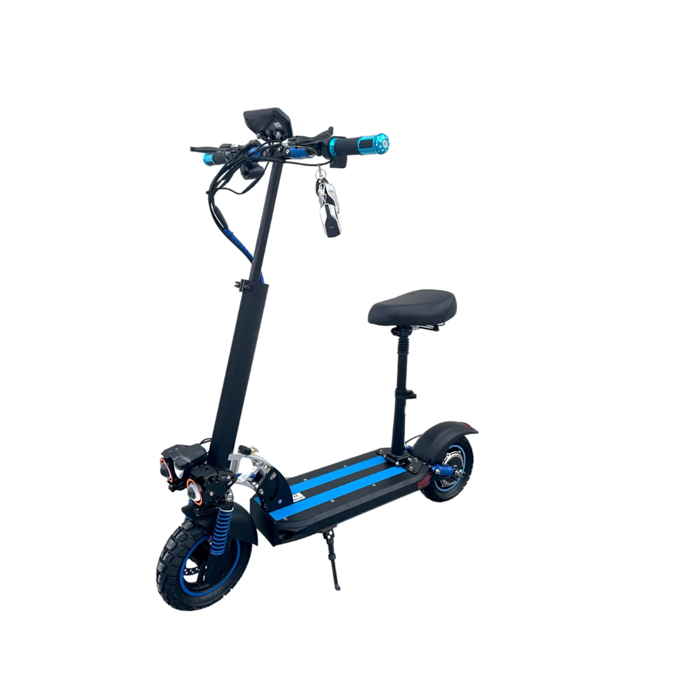 E10 Pro Foldable E-Scooter with Seat blue front view with dual suspension and removable seat