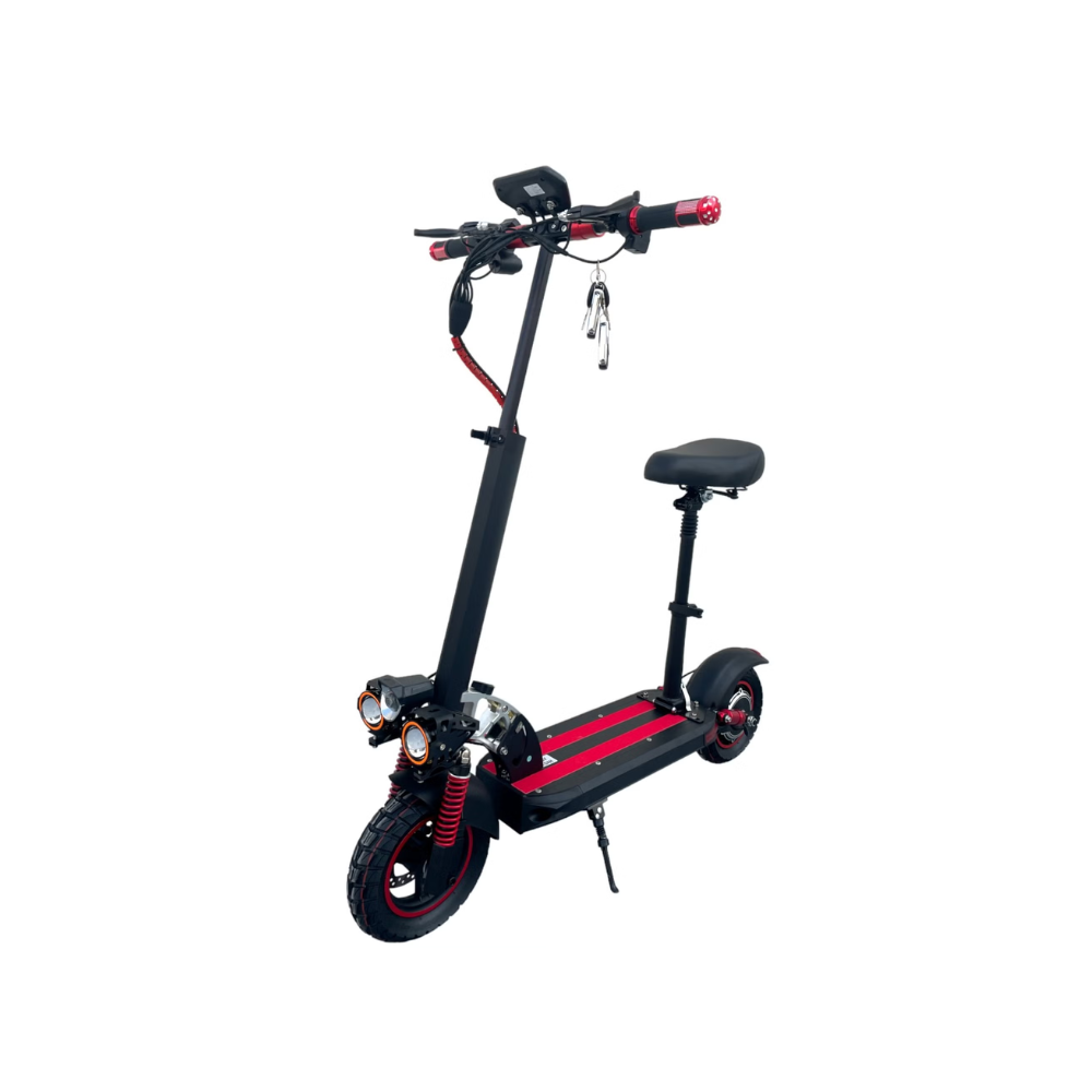 E10 Pro Foldable E-Scooter with Seat red front view with dual suspension and removable seat