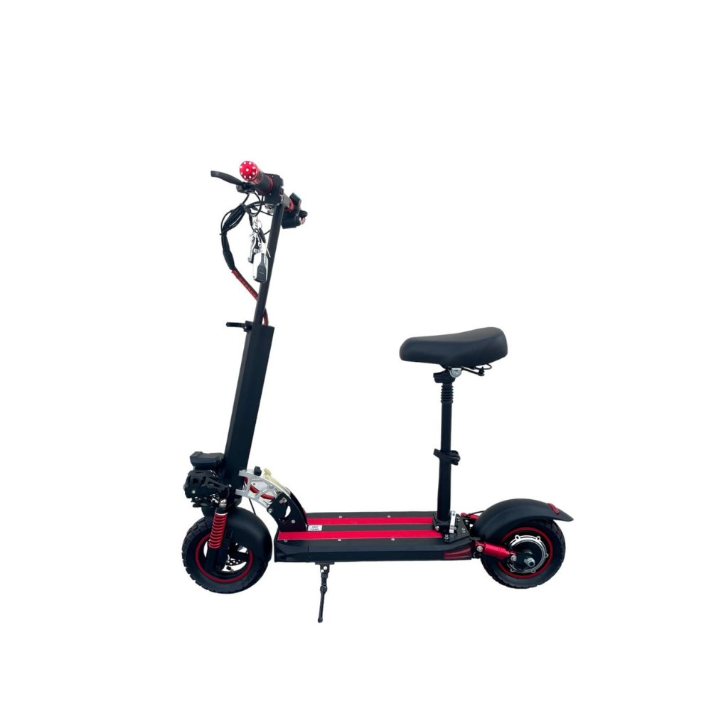 E10 Pro Foldable E-Scooter with Seat side profile showing adjustable seat and foldable frame