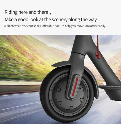 M365 Foldable E-Scooter front wheel with 8.5-inch inflatabl tire for smooth city riding in UAE.