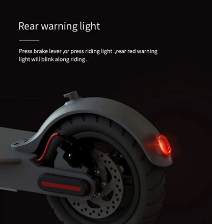 M365 Foldable E-Scooter rear disc brake and LED brake light close-up.