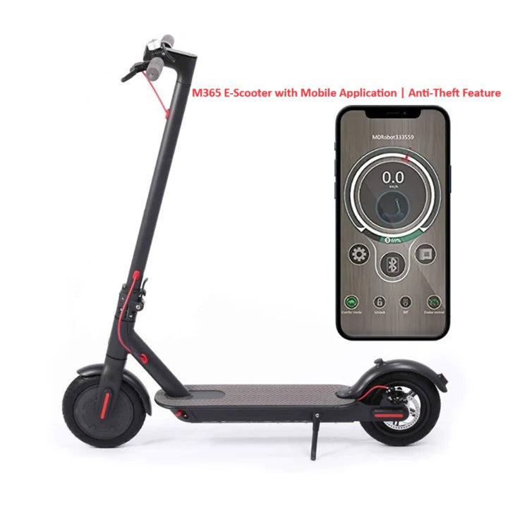 M365 Foldable E-Scooter side view with mobile app connectivity and anti-theft smart lock feature.